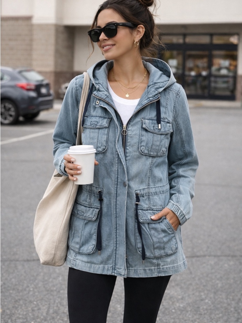 Light Wash Blue Hooded Denim Utility Jacket